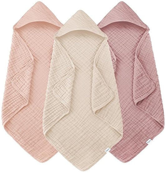 Muslin Hooded Baby Bath Towels - 3 Pack 100% Cotton Ultra-Soft Towels for Newborns, Infants, Toddlers - 32x32 Inch - Highly Absorbent, Quick-Dry Essentials for Bath Time, Beach, Pool, Neutral Series