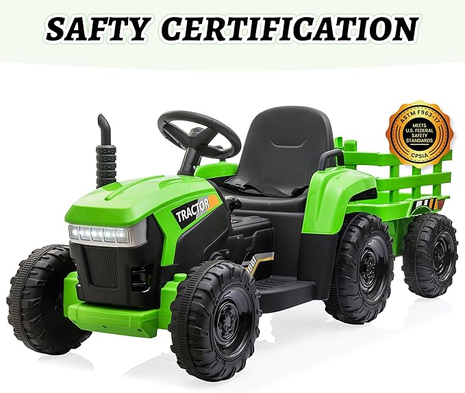 TOBBI Kids Electric Toy Tractor, 12V Battery-Powered Toddlers Ride On Car to Drive, Motorized Trailer Vehicle with 35W Dual Motor/6-Wheels/3-Speeds/LED & Horn Functions for Chirdren Aged 3-6-Green
