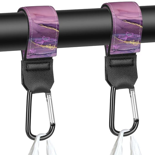Stroller Straps, Mommy Hooks Diaper Bags, Universal Shopping cart, Wallet, Backpack - 2 Packs (Purple Butterfly)