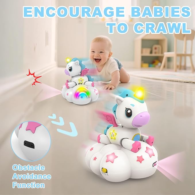 Musical Unicorn Toys for 6 to 12 Months - Baby Crawling Toy with Light-up for 1+ Year Old Girl Boy,Infant Tummy Time Sensory Development Toys with ABC/123 Modes,Birthday Gift 1 Year Old Boys & Girls
