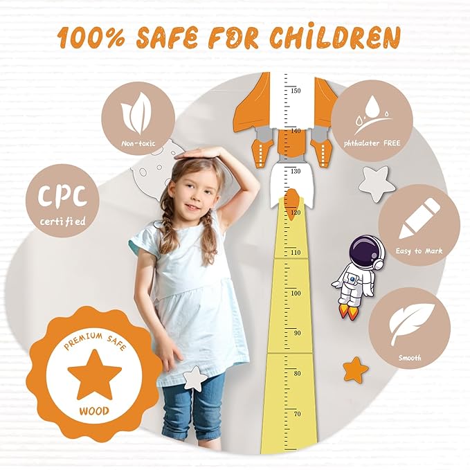 Woodemon Personalized Name Height Chart for Kids, Cute Rocket Wooden Growth Chart for Kids, Wall Height Chart for Children, Cute Wall Ruler for Kids, Track Height Measurement, Easy to Install