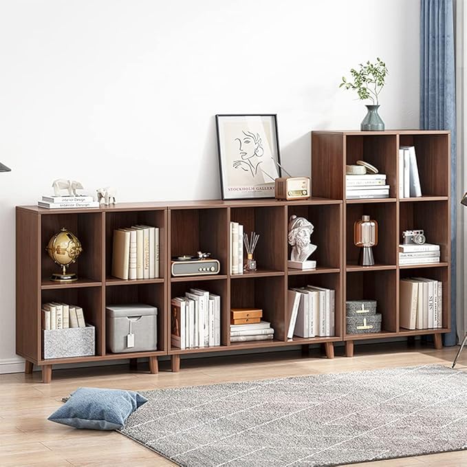 IOTXY Freestanding Open Cubes Bookcase - 2-Tier Floor Standing Wooden Storage Display Cabinet Organizer with Legs for Home Office, 4-Cubes Open Shelf Low Short Bookshelf, Walnut