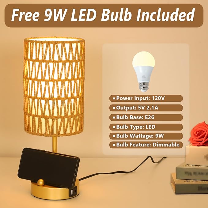 Eayaya Gold Bedside Lamps Set of 2, Touch Control Night Stand Lamp for Bedroom with Rattan & Linen Shade & Bulbs, 3 Way Dimmable Small Boho Table Lamps with USB Charging Port & Phone Stand