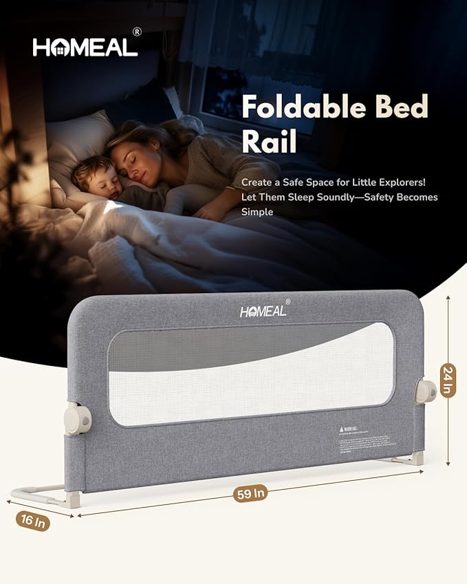 HOMEAL Bed Rail for Toddlers - 59"x24" Extra Long Foldable Toddler Bed Rails for King, Queen, Twin, Full, Double Bed - Breathable Guard Rail for Toddlers with U-Shape Base, Grey