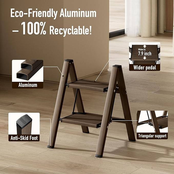 Mayi Plus 2 Step Ladder,Aluminum Folding Step Stool for Adults,Step Ladder with Wide Anti-Slip Pedal,330 lbs Capacity for Home,Office,Kitchen,Library(Walnut)