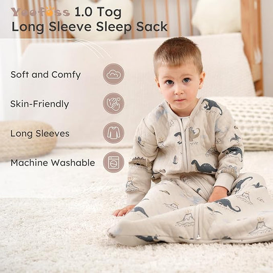Yoofoss Baby Sleep Sack 6-12 Months 1.0 Tog Long Sleeve Sleep Sack Organic Cotton Wearable Blanket for Infants 2-Way Zipper Quilted Sleeping Sacks(Medium)