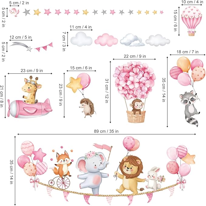decalmile Pink Animal Hot Air Ballon Wall Decals Elephant Lion Giraffe Wall Stickers Daycare Girls Bedroom Baby Nursery Wall Decor