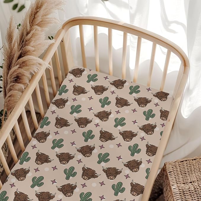 Western Highland Cows Baby Crib Sheets for Boy Girl 52x28Inch Boho Cows Cactus Stars Soft Snug Fitted Crib Mattress Covers Country Farm Animals Baby Sheet for Standard Crib & Toddler Bed Mattress
