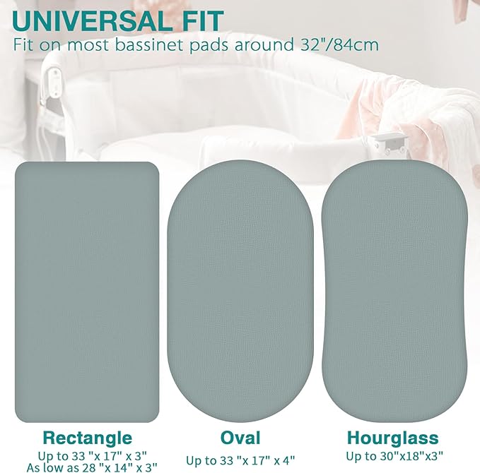 Muslin Bassinet Fitted Sheets 2 Pack, 100% Cotton Baby Cradle Sheets in Solid Green & Gray, Soft Breathable Mattress Covers for Boys & Girls, Fit Hourglass, Oval & Rectangle Pads