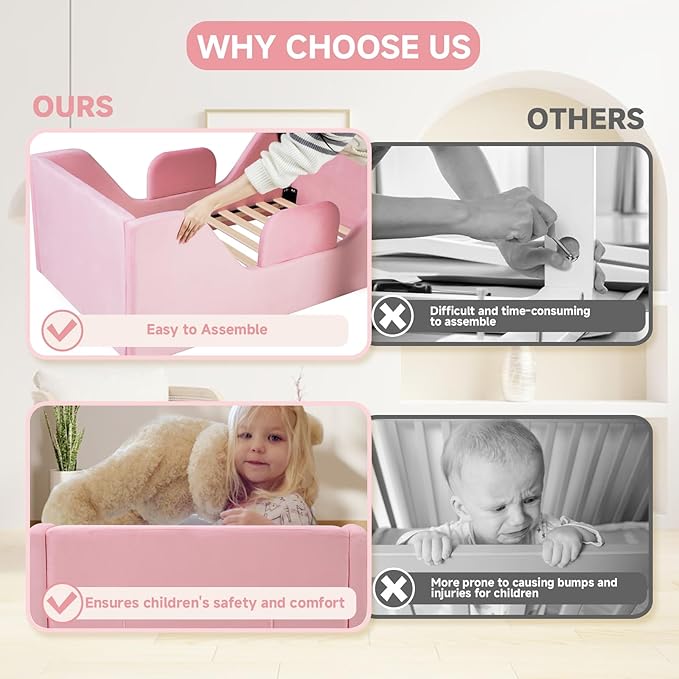 Toddler Floor Bed with Removable Safety Rails and Storage Bag, Kids Bed for Girl and Boys, Standard Crib Size, Safety Upholstered Child Beds, Low to Floor Design
