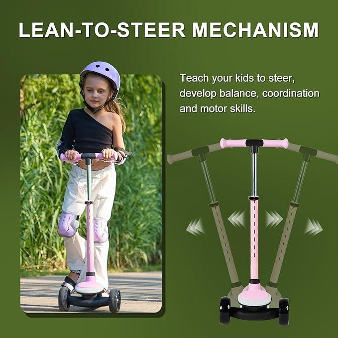 Light-Up Scooter for Kids 3-8,20 Dynamic Light Patterns for Evening Play Safety - Lean-to-Steer Kick Scooter with Adjustable Handlebar (Grows with Child) - Gift for Boys & Girls