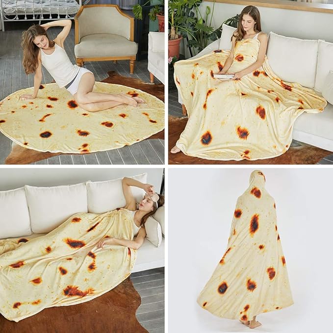 SeaRoomy Burritos Tortilla Throw Blanket, Tortilla Wrap Blanket, Novelty Tortillas Round Blankets Giant Tortillas Round Soft Blankets for Adults and Kids (Yellow, 71 inches)