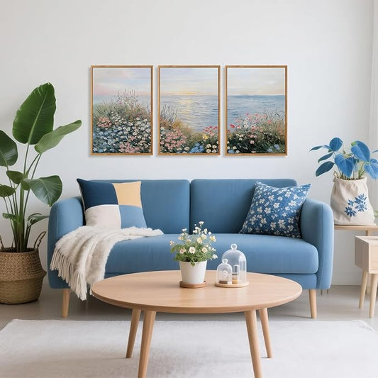 CHDITB Seaside Floral Framed Canvas Wall Art Set, Nature Inspired Ocean View Wall Decor, Sunrise Art Spiritual Wall Painting, Coastal Wildflowers Art Prints for Living Room, Office-Size 16"x24"x3