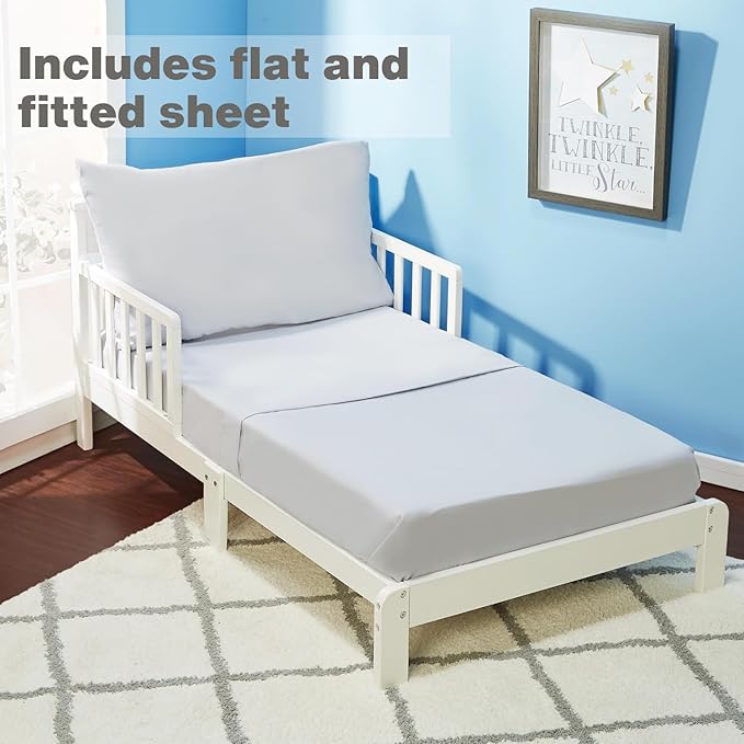EVERYDAY KIDS 4 Piece Toddler Bedding Set - Includes Comforter, Flat Sheet, Fitted Sheet and Pillowcase - Solid Grey