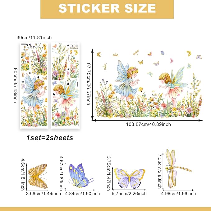 Flower Fairy and Butterfly Wall Decal Large Flower Field and Fairy Wall Stickers Fantasy Theme Peel and Stick Waterproof Decor Suitable for Children's Rooms Bedrooms