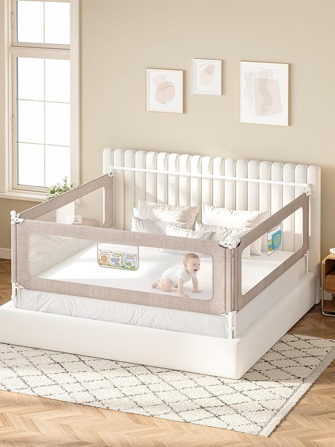 VBABY 3-Piece Bed Rails for Queen Bed, Sturdy Baby Bed Rail Guard for Toddler, Adjustable Height Queen Bed Rails with Headboard Rod, Grey, 59 x 78.7 x 78.7 in