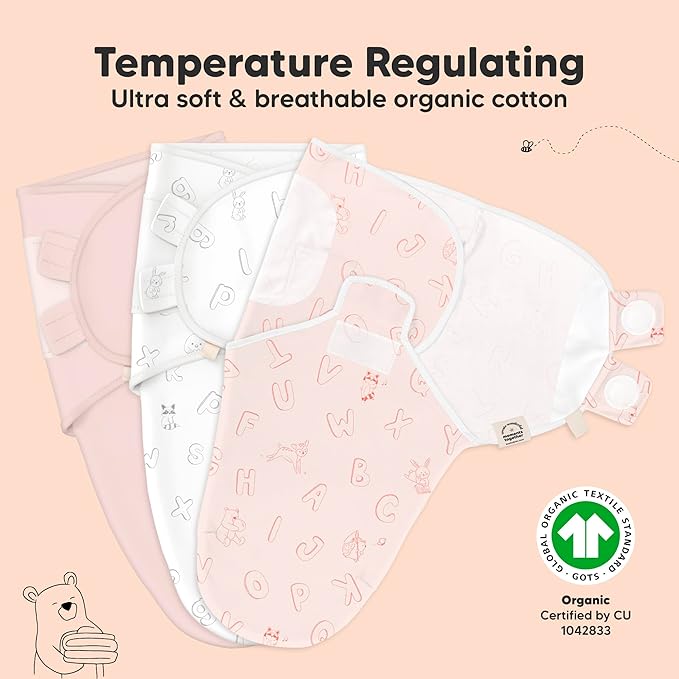 KeaBabies 3-Pack Organic Baby Swaddle Sleep Sacks - Swaddles for Newborns, Infant 0-3 Months, Baby Girls, Boys, Soft & Snug Newborn Sleep Sack, Nursery Swaddling Blankets (Abc Land Rose)