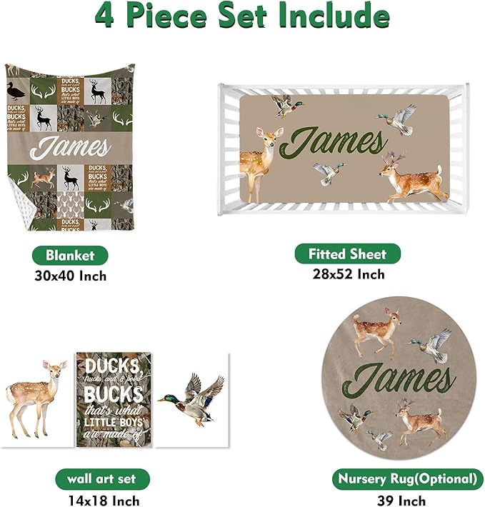 Custom Baby Crib Bedding Set,Personalized Name Army Green Deer Theme Nursery Bed Set 4 Piece,Baby Blanket Fitted Sheet Nursery Rug Wall Art Set,Custom Room Decor Idea Gift for Newborns Boys Girls