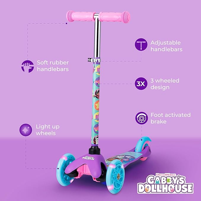 Self Balancing Kick Scooter with Light Up Wheels, Extra Wide Deck, 3 Wheel Platform, Foot Activated Brake, 75 lbs Limit, Kids & Toddlers Girls or Boys, for Ages 3 and Up