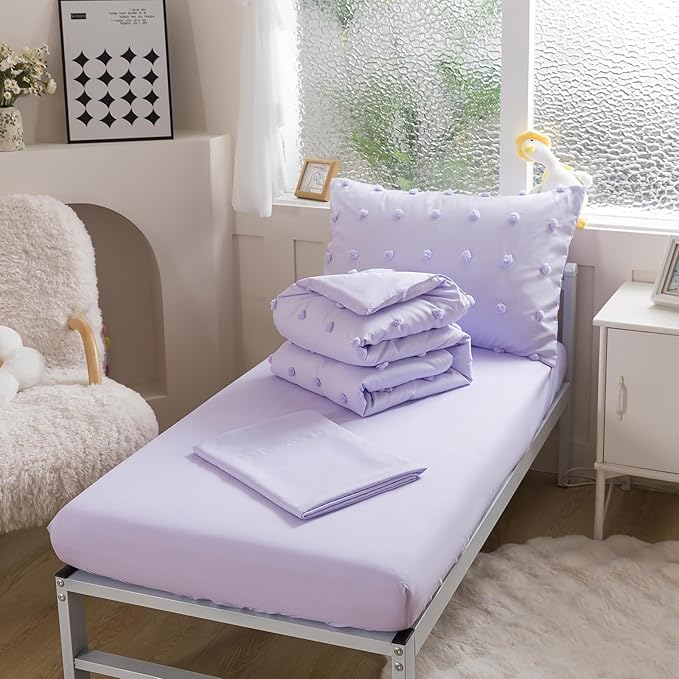 Caressma Lavender 4 Pieces Toddler Bedding Set - Lovely Pom Pom Tufted Comforter Set for Girls - Includes Purple Comforter, Fitted Sheet, Flat Sheet & Pillow Case