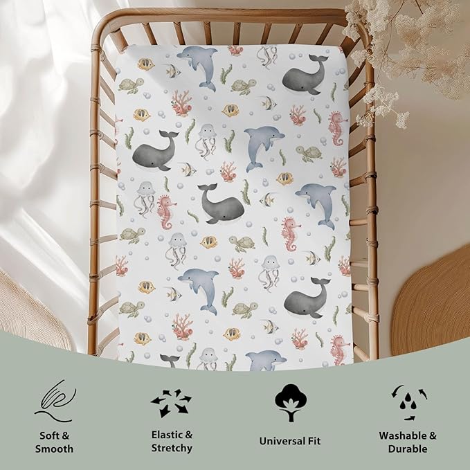 Watercolor Sea Animals Baby Crib Sheets for Boy Girl 28"x52" Whale Dolphin Turtle Jellyfish Coral Soft Snug Fitted Crib Mattress Cover Ocean Marine Baby Sheet for Standard Crib & Toddler Bed Mattress