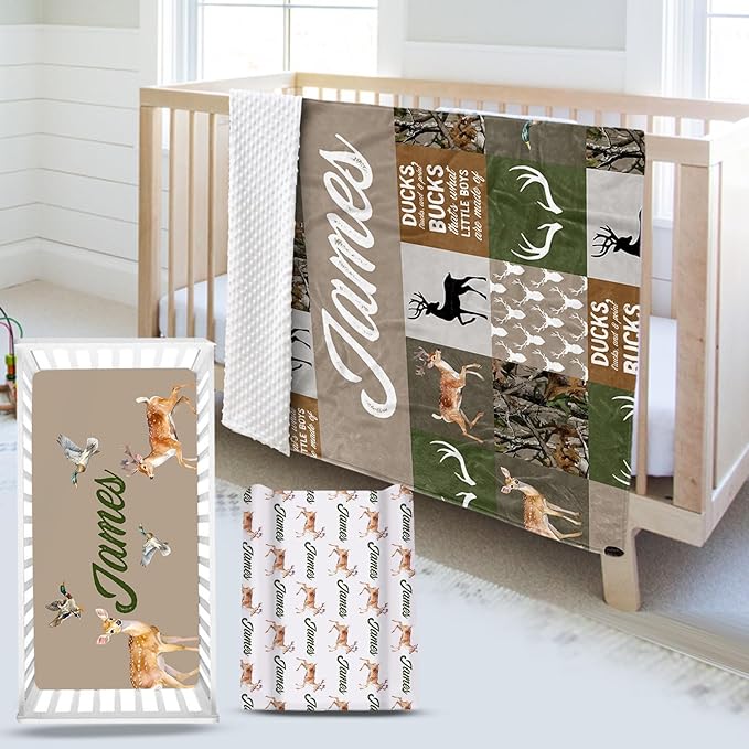 Custom Name Crib Bedding Set 3-Piece – Multi-Grid Deer Design Baby Bedding Set with Personalized Soft Blanket, Fitted Sheet, Changing Pad Cover – Ideal Newborn Gift for Boys and Girls