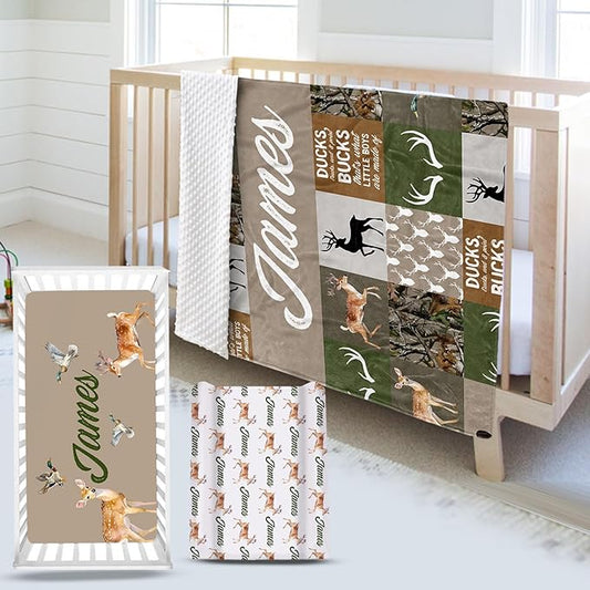 Custom Name Crib Bedding Set 3-Piece – Multi-Grid Deer Design Baby Bedding Set with Personalized Soft Blanket, Fitted Sheet, Changing Pad Cover – Ideal Newborn Gift for Boys and Girls