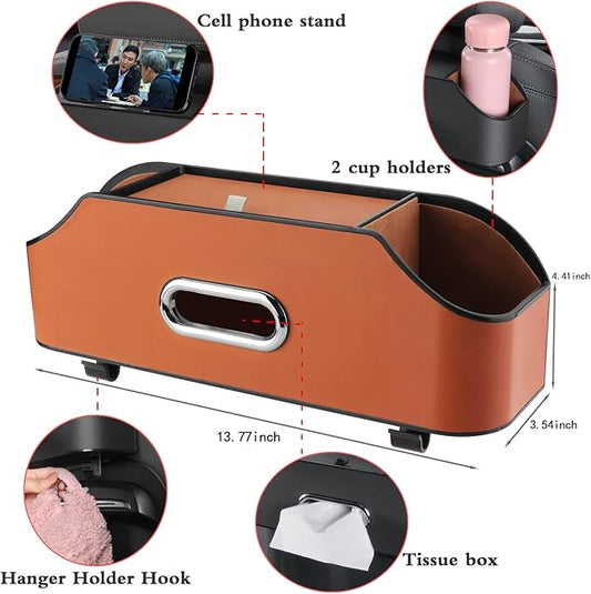 HALOYIVGO Car Seat Back Organizer - Stylish & Functional Storage for Family Adventures - Cup Holders, Tissue Box & Hooks - Perfect for Kids, Road Trips & Travel (Orange)