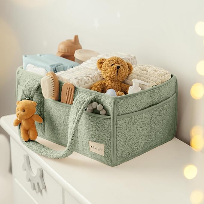 Sweety Fox Baby Diaper Caddy Organizer with Handle - Portable Sherpa Nursery Basket - Car Diaper Organizer, Cleaning Caddy, Gift for Baby Shower - Green