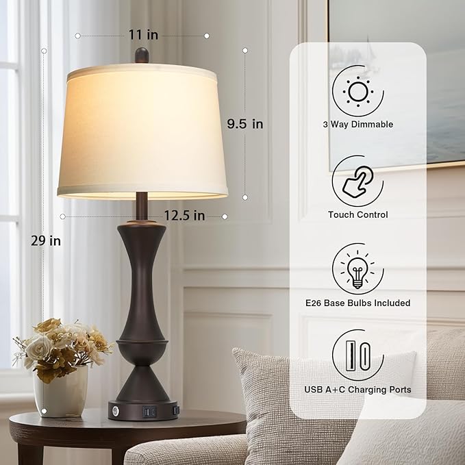 luxeflow 29" BrownTall Table Lamps for Living Room, Touch Control Bedroom Lamp with USB A+C Ports, 3-Way Dimmable Bedside Table Lamps Set of 2, Modern Metal Lamp for Nightstand