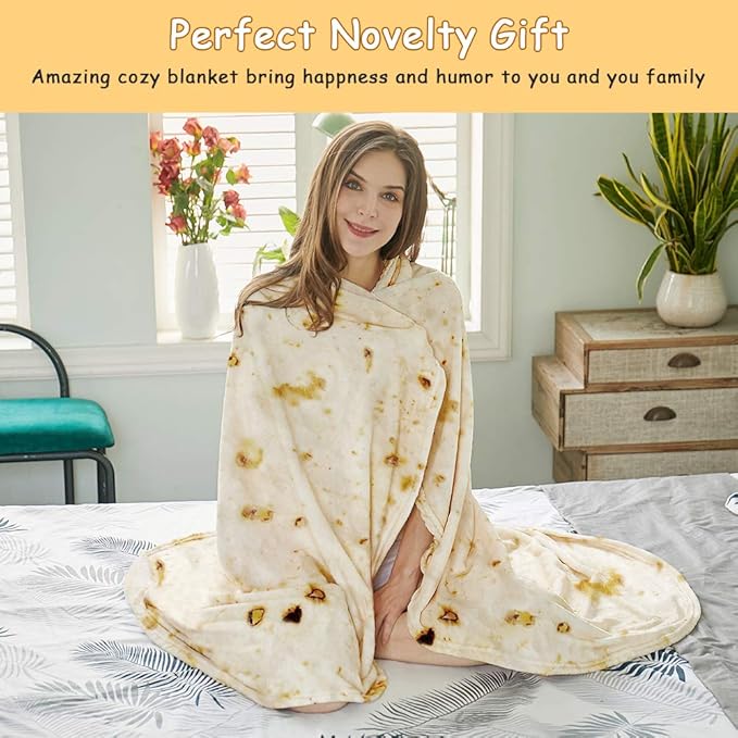 SeaRoomy Burritos Tortilla Throw Blanket, Tortilla Wrap Blanket, Novelty Funny Giant Tortillas Round Blankets Soft Cozy Blankets (Light Yellow, 60 inches-Double Sided)