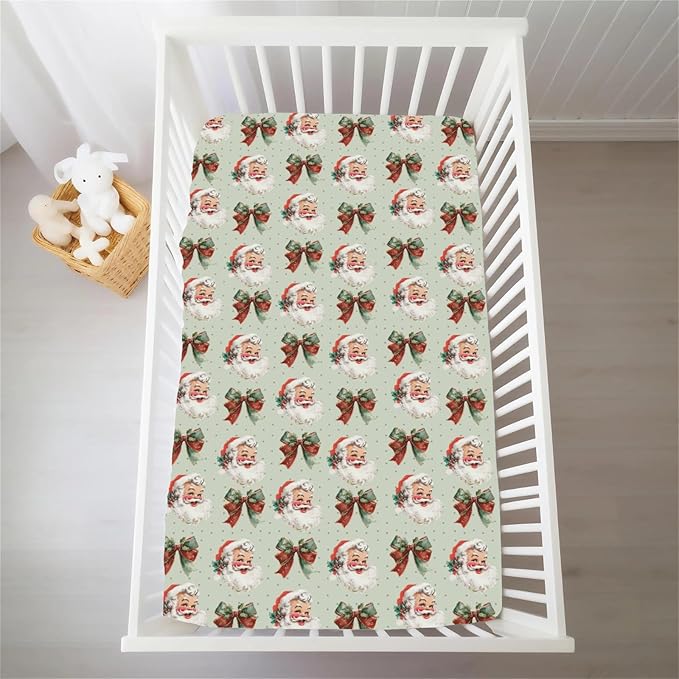 Vintage Merry Christmas Santa Bows Baby Crib Sheets for Boy Girl Retro Happy Santa Jolly Soft Snug Fitted Crib Mattress Covers Fit 52''x28'' Standard Crib & Toddler Mattress Winter Holiday Bed Sheets