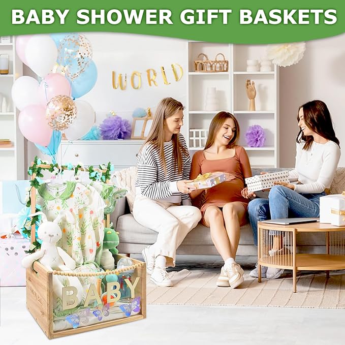 PIIOSER Baby Shower Crate Closet, Multifunctional Wooden & Acrylic Visible Baby Storage Box with Handle, Newborn Welcome Baby Toy Baskets for Boys Girls, Pregnancy Gifts for New Moms(Beige)