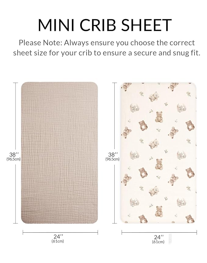 Mini Crib Sheets for Baby Boy Girl 2 Pack, Neutral Mini Crib Mattress Sheet 24" x 38", Muslin Nursery Bedding Soft and Breathable Comfort (Teddy & Friends)