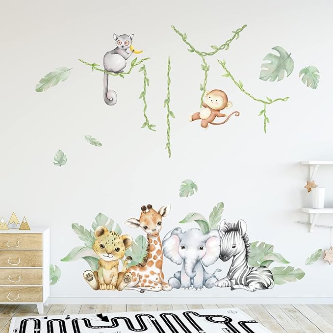 59.05x53.14 Inch Woodland Animals Wall Decals Forest Animal Wall Decal Elephant Zebra Monkey Giraffe Nursery Decor for Home Baby Room Decorations Boys Girls Bedroom
