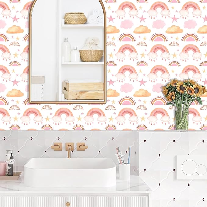 Boho Peel and Stick Wallpaper Watercolors Rainbow Wall Paper Removable Self-Adhesive Contact Paper for Girls Bedroom Art Mural Cabinets Art Vinyl Films Baby Nursery Covering Stickers 15.7x62.9IN
