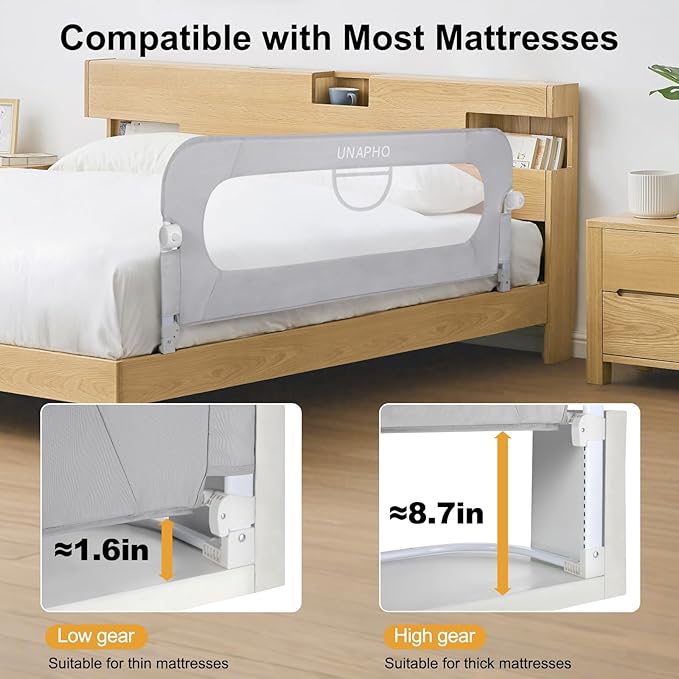 Bed Rail for Toddlers,Swing Down Kids Beds Rails Guard for Twin,Full,Queen,Bunk Size Bed,Extra Tall Child Bed Rail Guard with Reinforced Anchor Safety System(Grey,40 Inch)