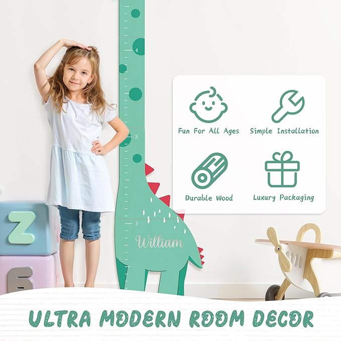Woodemon Personalized Name Growth Chart, Dinosaur Wooden Height Chart, Thick Height Measuring Board, Kids Height Tracker for Nursery Decor, Baby Boy Girl Measurement Ruler, Growth Charts Ruler