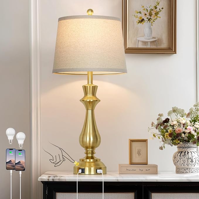 luxeflow Modern Gold Table Lamp for Living Room,30" Tall Bedside Lamp with USB Charging Port,3-Way Dimmable Touch Nightstand Lamp for Bedroom Desk Side Table Office,Gold-1P