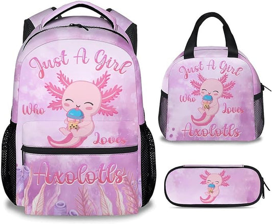 COZYAURA Kids Backpack with Lunch Box - Cute Axolotl Preppy Backpack for School - Lightweight Pink Backpacks for Girls