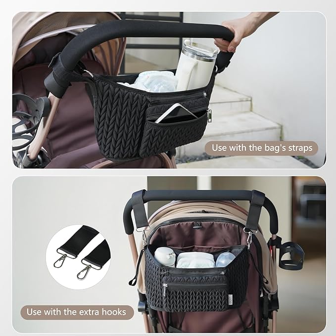 LUKJOJO Stroller Organizer - Stylish Quilting Nylon, Universal Fit, Detachable Bag, Adjustable Multi-Storage for Baby Stroller and Pet Stroller（Black-A