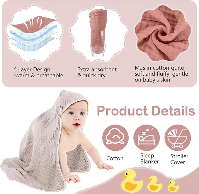Peryiter 4 Pcs Muslin Hooded Baby Towels, 32x 32'' Cotton Newborn Bath Towel Muslin Infant Baby Blankets Absorbent Unisex Christmas Registry Gift Essentials for Girls Boys (Beige Series)