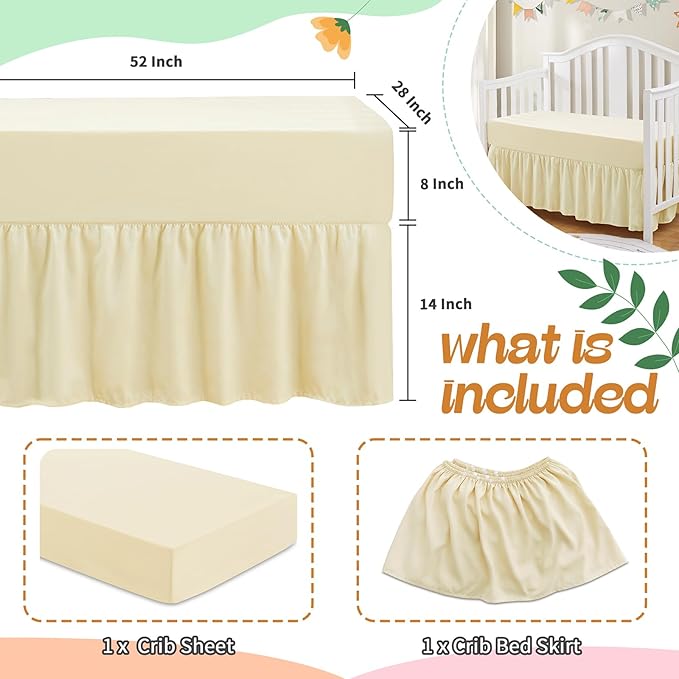 SiinvdaBZX 2-Piece Set Ruffled Crib Skirt & Soft Fitted Crib Sheet, 52"x28" + Adjustable Elastic 14" Drop, Fit for Baby Standard Crib & Nursery Toddler Bedding (Ivory)