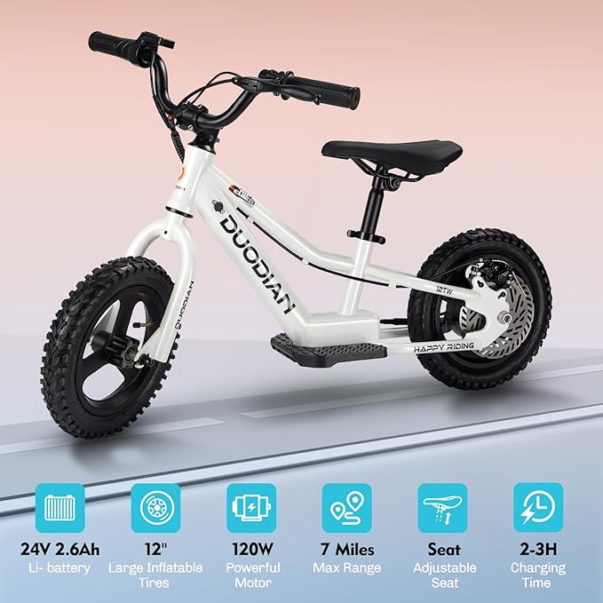 Electric Balance Bike for Kids Ages 3–6, 12-Inch Tires, 180W Peak Motor, 24V/2.6Ah, Adjustable Seat, Large Disc Brake,Up to 7 Miles, Electric Bike for Kids Boys & Girls