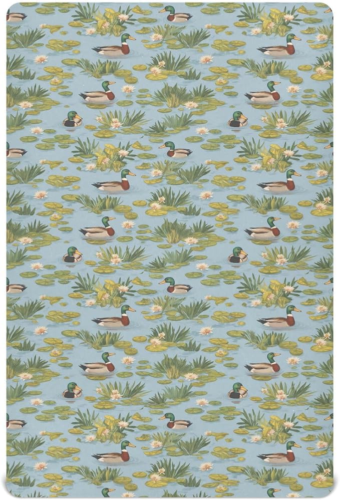 Fitted Crib Sheets for Baby Boys or Girls Soft Breathable Baby Play Yard Sheet for Standard Size Crib Mattress 39x27in Ducks and Water Lilies in The Pond