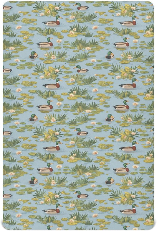 Fitted Crib Sheets for Baby Boys or Girls Soft Breathable Baby Play Yard Sheet for Standard Size Crib Mattress 52x28in Ducks and Water Lilies in The Pond