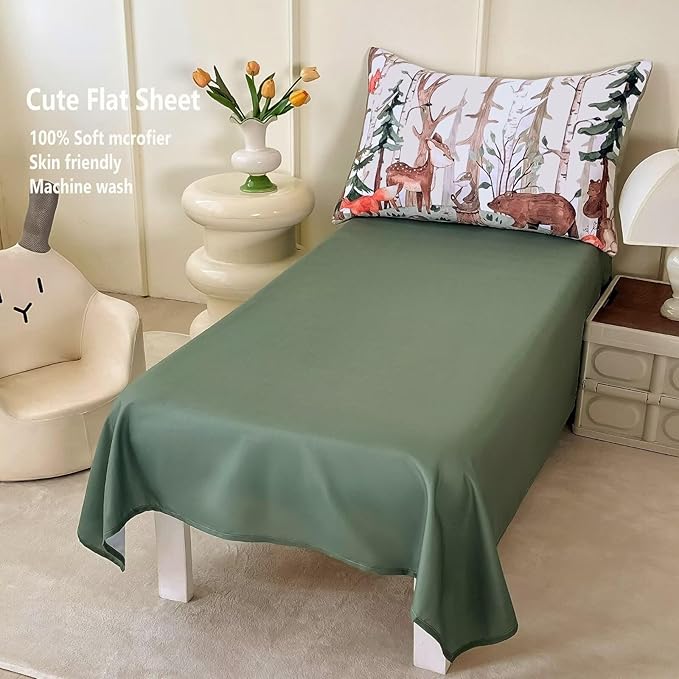 4 Pieces Woodland Animal Toddler Bedding Set, Forest Deer Bear Fox Bed Comforter Set for Boys Girls, Cute Toddler Bed Set Includes Comforter, Flat Sheet, Fitted Sheet and Pillowcase