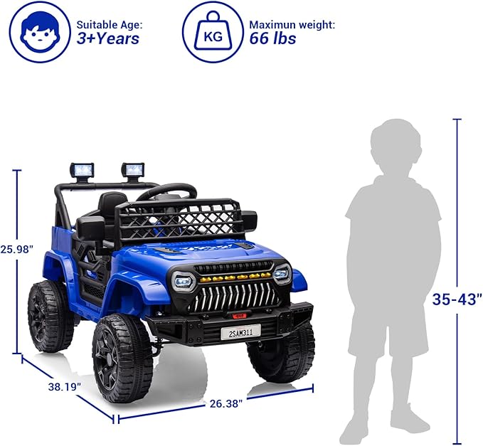 12V Ride On Car for Kids Electric Vehicle Toddlers Battery Powered Truck Car Toy with Remote Control, 4-Wheel Suspension, Battery Display, LED Lights, Music, for Boys Girls, Dark Blue