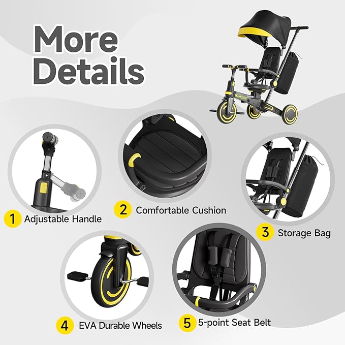 WinHope 9-in-1 Push Tricycle for Toddlers 1-3 Years | Convertible Kids Trike with Adjustable Parent Handle & Safety Harness, Lightweight Foldable Design + Storage Basket for Boys & Girls (Black)