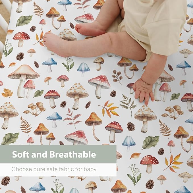 Watercolor Mushrooms Baby Crib Sheets for Boy Girl 52x28Inch Mushrooms Leaves Soft Stretchy Fitted Crib Mattress Cover Autumn Plant Baby Sheet for Standard Crib and Toddler Bed Mattress